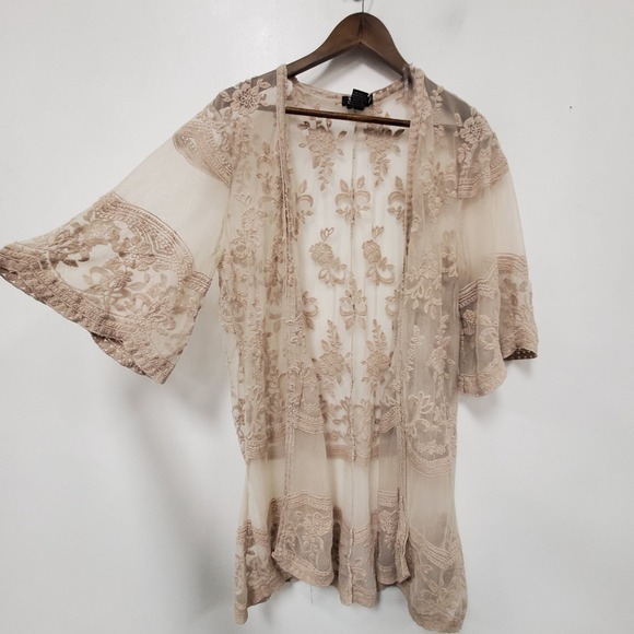 Tops - Miss Chevious Womens Open Front Lace Kimono Top Size L/XL Beige Y2K Flare Sleeve